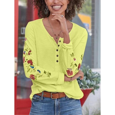 Bohemian Women Side Floral Embroidery Button Vintage Long Sleeve Casual T  Shirts