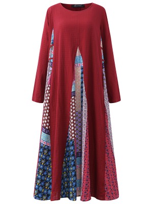 O  NEWE Vintage Women Printed Stitching Long Sleeve Dress