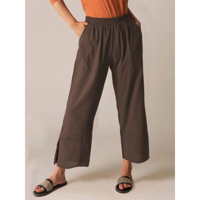 Casual Fork Elastic Waist Ninth Fork Solid Loose Fit Pants for Women