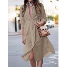 Women Shirt Solid Color Lace up Cuff Buttons Long Sleeve Casual Midi Dresses