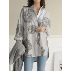100  Cotton Women Floral Print Chest Pocket Lapel Long Sleeve Shirts