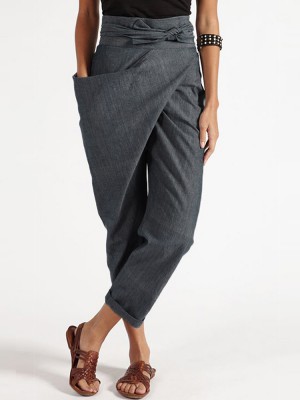 Women Zipper Casual Belt Harem Pants Irregular Loose Trousers Gray Size S