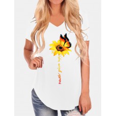 Casual Loose Butterfly Sunflower Print V  neck Irregular Hem T  shirts