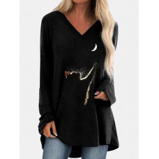 Cat Print Long Sleeves V  neck High Low Hem Casual T  shirt For Women