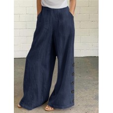 Women Cotton Solid Color Button Side Pocket Elastic Waist Wide Leg Pants