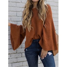 Women Autumn Knitted Bell Sleeve Casual Pullover Sweaters