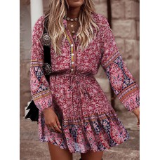 Women Puff Sleeve Floral Printed Lace  Up Button Casual Midi Dresses