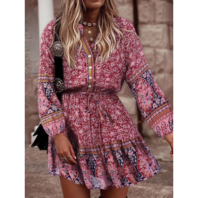 Women Puff Sleeve Floral Printed Lace  Up Button Casual Midi Dresses