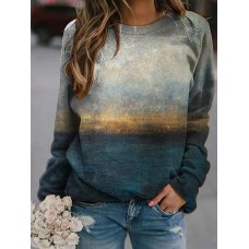 Landscape Prints Round Neck Long Sleeves Casual T  shirts For Women