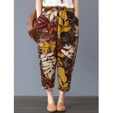 Women Bohemian 100  Cotton Floral Printed Side Pockets Elastic Waist Pants