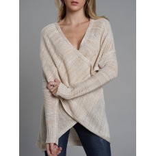 Irregular V Neck Cross Hollow Out Knit Long Sleeve Women Casual Sweaters