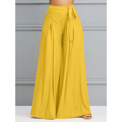Women Solid Color Tie Waist Casual Swing Pants With Pocket