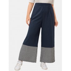 Women Houndstooth Patchwork Loose Casual Elastic Mid Waist Wide Leg Pants