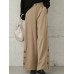 Women Pure Color Side Button Elastic Waist Casual Wide Leg Pants With Pocket