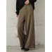 Women Pure Color Side Button Elastic Waist Casual Wide Leg Pants With Pocket