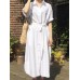 Solid Color Long Sleeve Lapel Knotted Maxi Shirt Dress