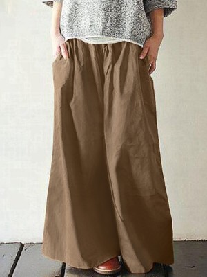 Women Cotton Pocket Elastic Waist Wide Leg Loose Casual Pants