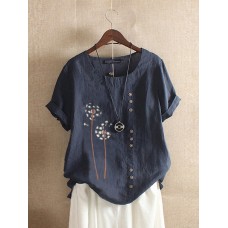 Flower Print O  neck Short Sleeves Button Vintage T  shirts For Women