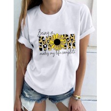 Flower Leopard Letter Print Short Sleeve O  neck T  shirts For Women