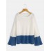 Plus Size Contrast Color One Shoulder Bell Sleeve Knit Sweaters