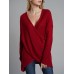 Irregular V Neck Cross Hollow Out Knit Long Sleeve Women Casual Sweaters