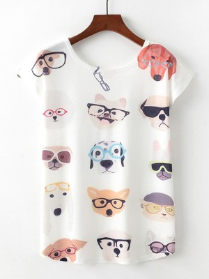 Dog Print Crew Neck Short Sleeved Loose Women Casual T  shirts