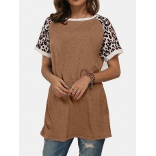 Leopard Patchwork O  neck Short Sleeves Casual T  shirts