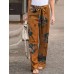 Women Vintage Print Lace  Up Elastic Waist Wide  legged Pants with Side Pockets