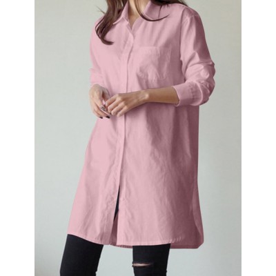 Women Shirt Solid Color Cuff Buttons Long Sleeve Casual Midi Dresses