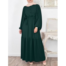 Solid Color Puff Sleeve O  neck Maxi Dress With Belt