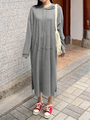 Women Puff Sleeve Sweatshirt Calf Length Front Pocket Side Fork Midi Dress