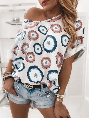 Women Abstract Floral Print One Shoulder Half Sleeve Design T  Shirts