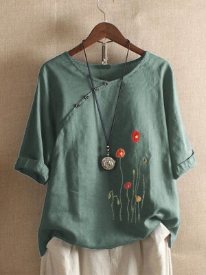 Flower Embroidery O  neck Long Sleeve Button Vintage T  shirts