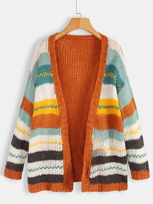 Women Casual Striped Color  Block Sweater Cardigans